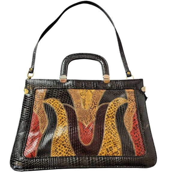 Vintage 80s Leather Satchel Bag Handle Large Purse Handbag Women Black Red Snake - Picture 1 of 16